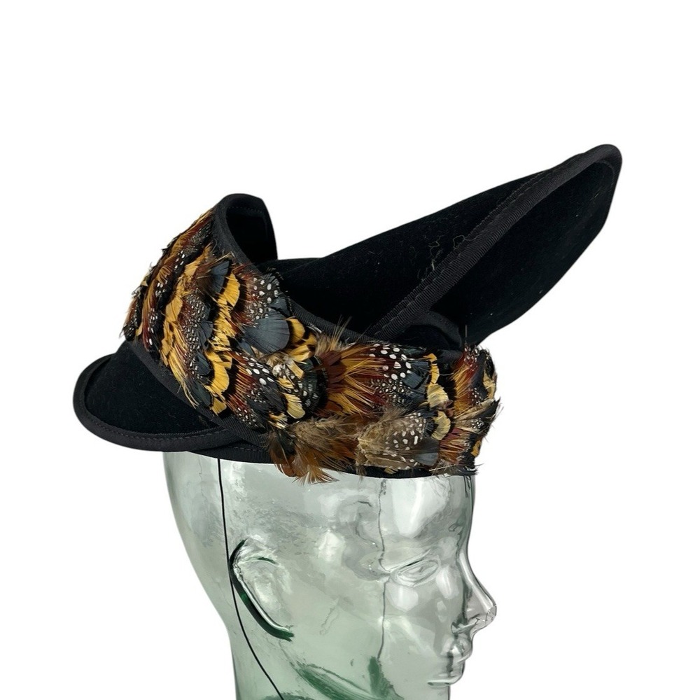 Vintage 40s 50s Tilt Hat Black Feather Brown Tan Felt USA Asymmetrical Wool Felt